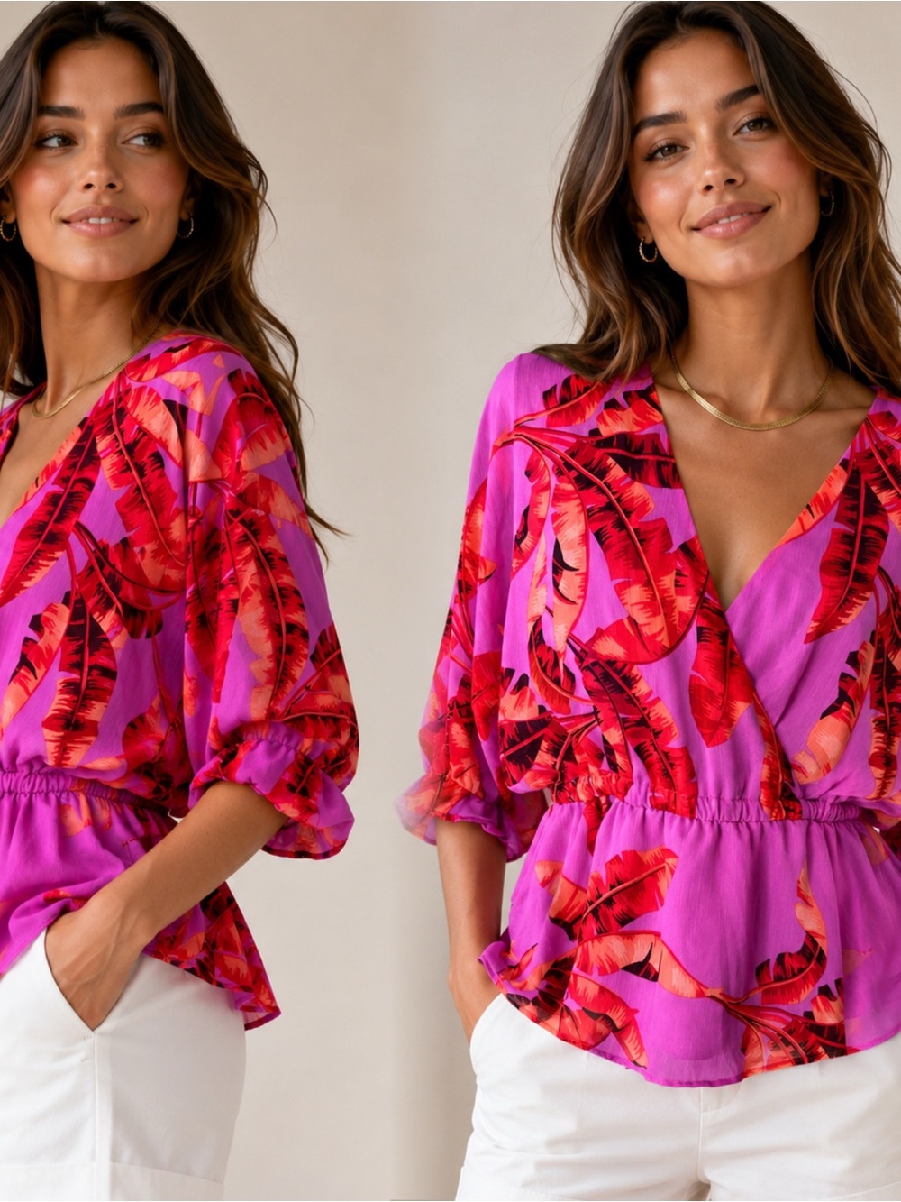 sofia by sofia vergara Pink and Red Tropical V-Neck Peplum Blouse